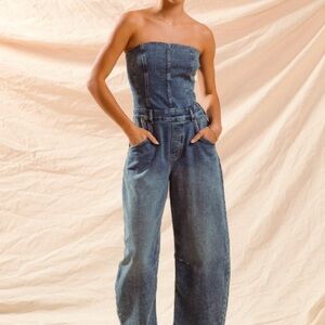 Women's Blue Denim Strapless Jumpsuit